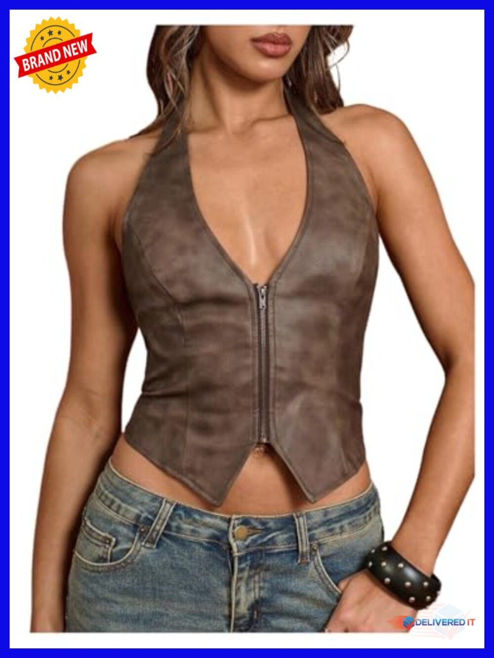 PU Leather Halter Tank Top Deep V Neck Lace Up Back Party Clubwear Vest